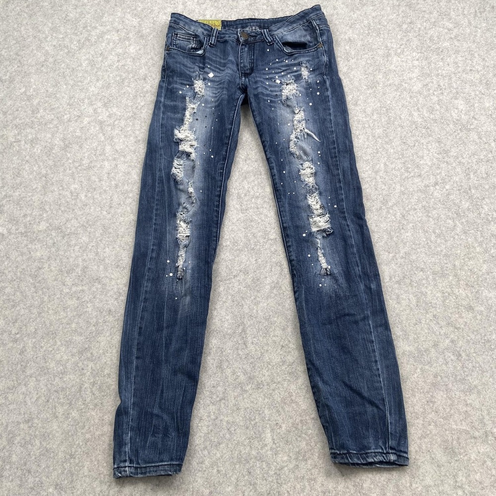 Machine Skinny Jeans Womens 31 (30x30) Blue Med Wash Rhinestone Distressed